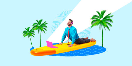 Man in business shirt and tie lying on surfboard floating on water, stretching in yoga pose, wearing headset, under palm trees.の写真素材