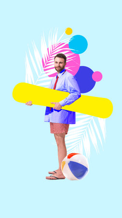 Man in business shirt, tie, shorts, flip-flops, holding yellow snowboard, standing on sand with...