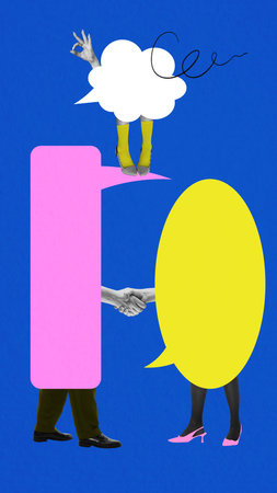Two speech bubbles engaging in handshake represent successful communication, agreement, resolution...