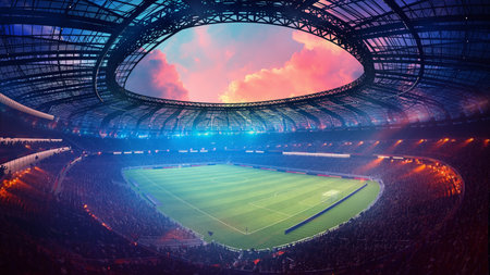 Sunset stadium. Vibrant football stadium with dramatic sunset sky, stands packed with fans. Energetic atmosphere. 3D render, fisheye view.の写真素材