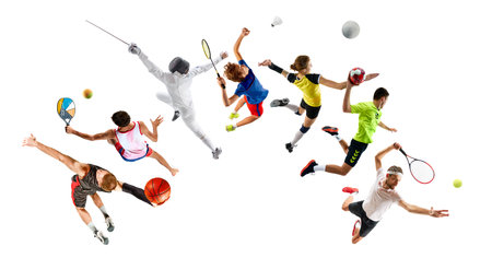 Multi-sport action featuring fencing, tennis, basketball, and handball players jumping mid-game. Aerial perspective on white background.の写真素材
