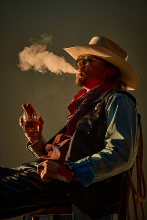 Portrait of handsome man, cowboy in hat and sunglasses, exhaling smoke while holding whiskey glass, wearing bandana, denim and leather vest.の写真素材
