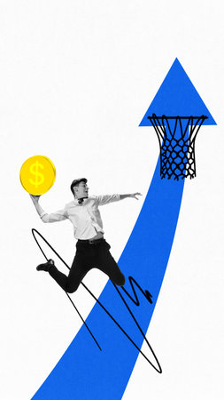 Businessman jumping with gold coin towards basketball hoop formed by upward arrow. Strategic...