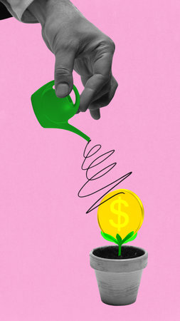 Hand watering money plant with golden coin sprouting from pot. Concept of investment growth,...