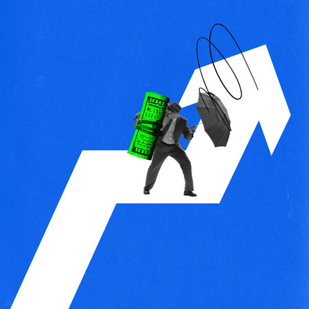 Businessman carrying green banknote and umbrella, walking on sharp market trend line. Concept of...