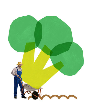 Man, farmer in blue overalls pushing wheelbarrow filled with oversized broccoli against abstract background.の写真素材