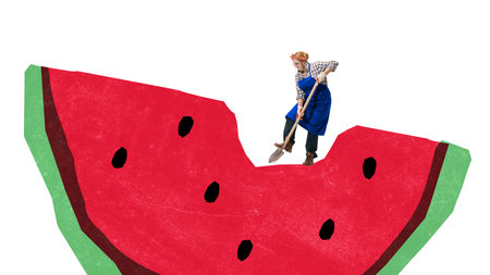 Woman in blue apron digging into giant watermelon slice with gardening shovel. Surreal farming collage.の写真素材
