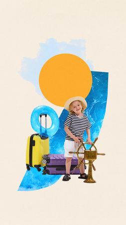 Joyful child dressed as sailor, standing next to luggage, holding ship steering wheel, imagination adventurous sea voyage. Contemporary artの写真素材