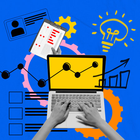 Hands typing on laptop with analytics and data charts, clipboard with checklist, glowing light bulb....