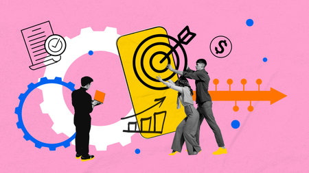 Team collaborating to reach target, surrounded by financial growth symbols, checklists, charts. Goal...