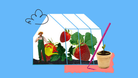 Man tending to giant strawberries inside greenhouse. Contemporary art collage.の写真素材