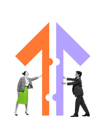 Two professionals connect puzzle-like arrows, representing strategic business growth,...