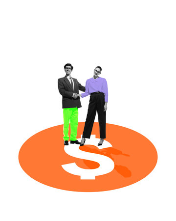 Business partners standing on platform with dollar sign, emphasizing corporate deals, mutual benefits, success in partnership.の写真素材