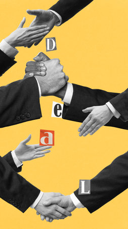 Dynamic handshake arrangement spelling deal. Partnership, connection, business collaboration.