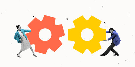 Business people pushing gears into motion, symbolizing teamwork and operational synergy