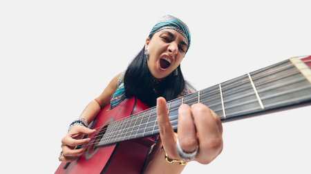 Energetic female musician rocking red acoustic guitar, singing with full intensity, expressing raw...