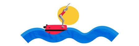 Woman in red swimsuit diving into waves from floating suitcase under sun. Contemporary art collage.