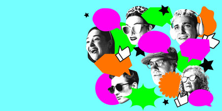 Diverse group of people with colorful speech bubbles and icons. Symbolizing customer feedback,...