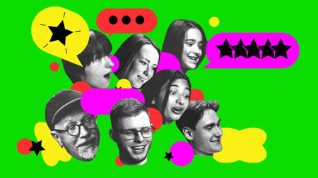 Vibrant mix of diverse faces with speech bubbles and rating symbols. Review culture, digital...