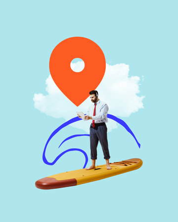 Businessman in rolled-up trousers, headset on, balancing on surfboard with tablet, set against abstract wave and location marker.の写真素材