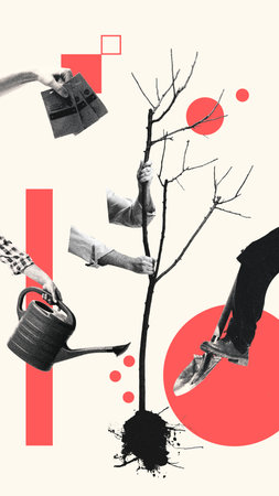 Multiple hands planting, watering, nurturing young tree, geometric patterns enhancing growth....