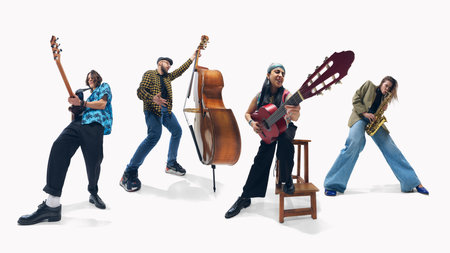 Set of four people, talented musicians performing against white background. People playing double bass, saxophone and guitar.の写真素材