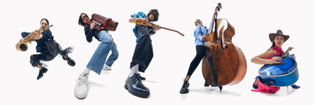 Set of three people, artistic man and women playing double bass, saxophone, guitar and accordion against white background.の写真素材