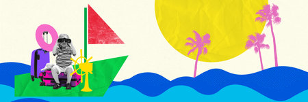 Little adventurer, girl on toy sailboat looking through binoculars, imagining great sea voyage. Contemporary art collage.の写真素材