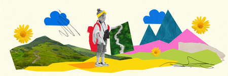 Girl with backpack holding map, navigating colorful landscapes filled with mountains and flowers. Contemporary art collage.の写真素材