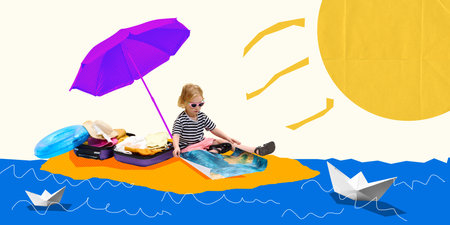 Girl sitting on beach with suitcase, studying ocean map under vibrant sky, ready for adventure. Contemporary art collage.の写真素材