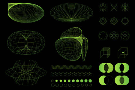 Composition of abstract structures, line art illustrations in shades of green. Spheres, ellipses, stars, cubes, circles, waveformsのイラスト素材