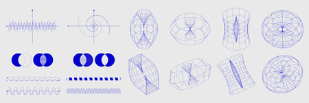 Blue geometric structures, waveforms, mathematical models, and optical grid designs arranged in modern minimalist style. Scienceのイラスト素材
