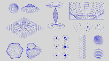 Blue wireframe structures, geometric grids, and mathematical equations arranged in a futuristic...