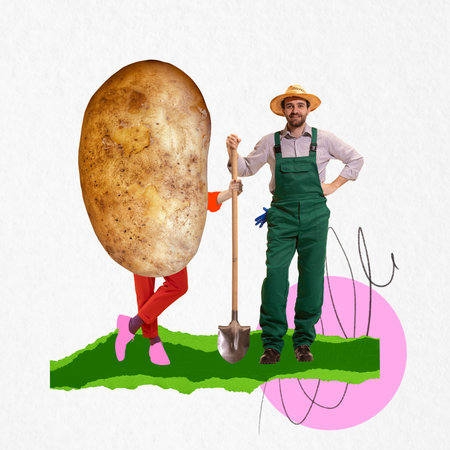 Farmer man standing next to giant walking potato with human legs on green field. Contemporary art collage. Concept of farmingの写真素材