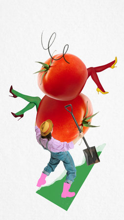 Woman pushing two stacked tomatoes with human legs on green patch with shovel. Contemporary art collageの写真素材