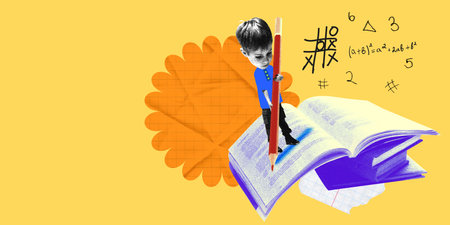 Boy standing on open textbook, holding giant pencil among math symbols. Contemporary art collage
