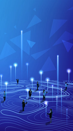 Business team navigating vibrant digital field of signals and lines reflecting intelligent networks...