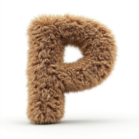 Puffy fur letter P in realistic brown texture in 3D style isolated on white background. Branding, creative typography, design element, visual, adsの素材