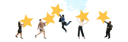 People holding rating stars. Representation of user feedback and emotional connection through...