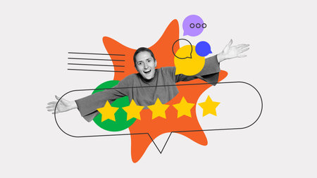 Excited woman with 5-star rating and speech bubbles. Customer joy and perfect review expressing enthusiasm and loyaltyの写真素材