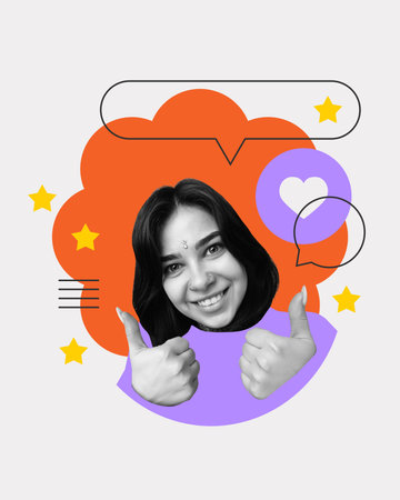 Thumbs up vibe. Smiling woman giving double approval surrounded by colorful review graphics.の写真素材