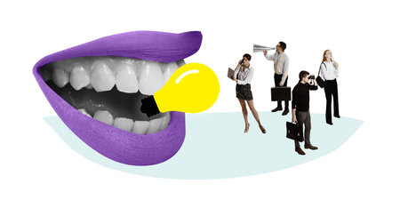 Group of business people reacting to giant talking mouth, lightbulb as shared vision and message.
