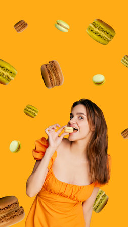 Stylish young woman in orange dress biting macaron surrounded by floating colorful treats on orange...