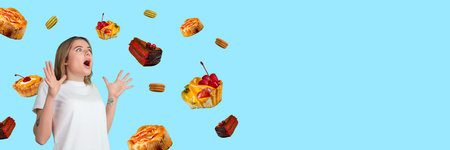 Shocked woman in white shirt reacting to floating cakes, tarts, and macarons on light blue background.の写真素材
