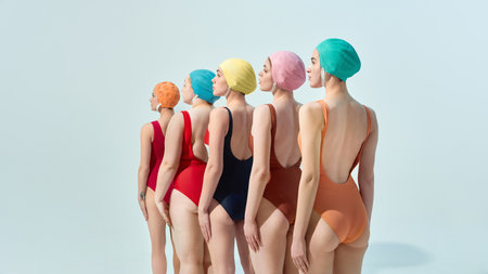 Group of women in colorful swimsuits and caps posing back to camera against light blue background.の写真素材