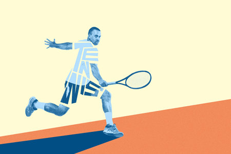 Monochrome blue man, tennis player in motion on abstract colorful court with racket, playing and training. Creative art design.の写真素材