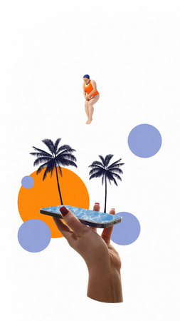 Woman mid-air above phone pool with palms and orange sun in surreal summer scene. Contemporary art collage.の写真素材