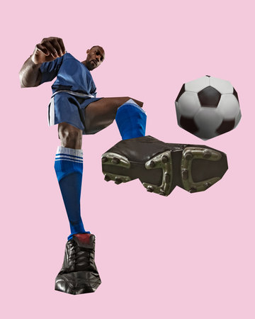 Low angle view of man, soccer player in blue uniform kicking ball mid-air with oversized cleats in surreal cut-out style against pastel pink background.の写真素材