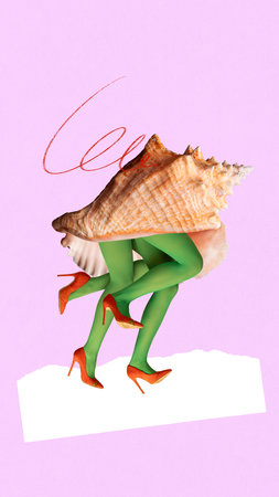 Green-stockinged legs in red heels walking with giant seashell on top against pink background.の写真素材