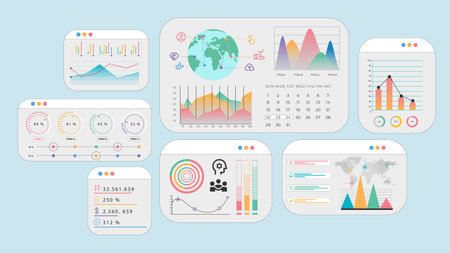 Global dashboard interface with calendar, data graphs, and international connection icons illustrating strategy and statistics.のイラスト素材